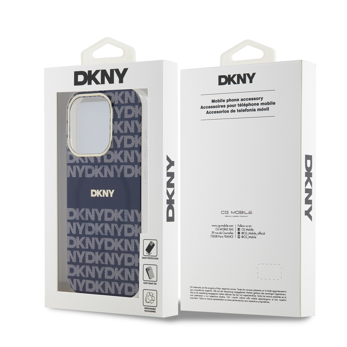 Custodia DKNY blu navy con motivo logo ripetuto, in confezione.