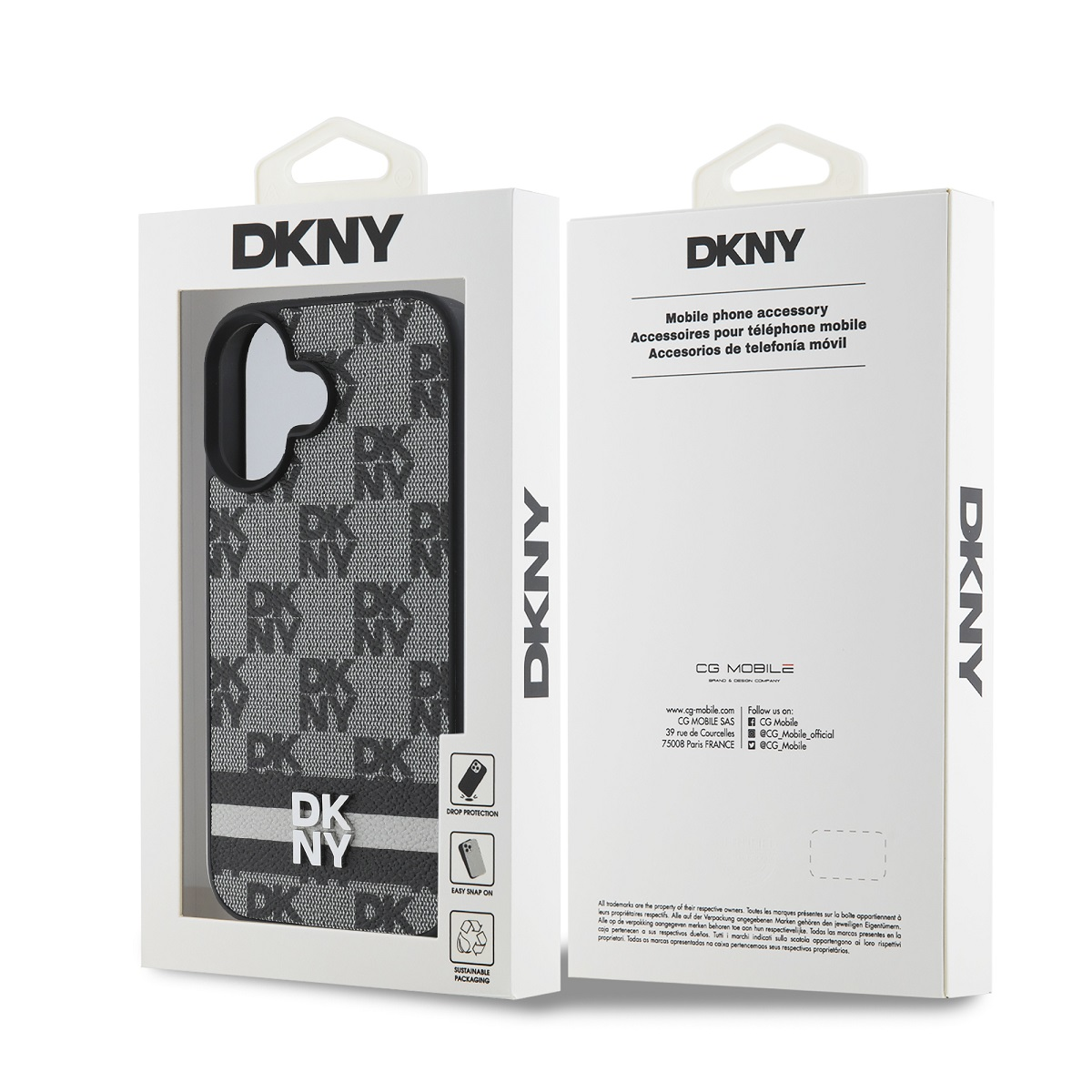 Due scatole per custodie per cellulari DKNY, una con motivo a loghi DKNY.