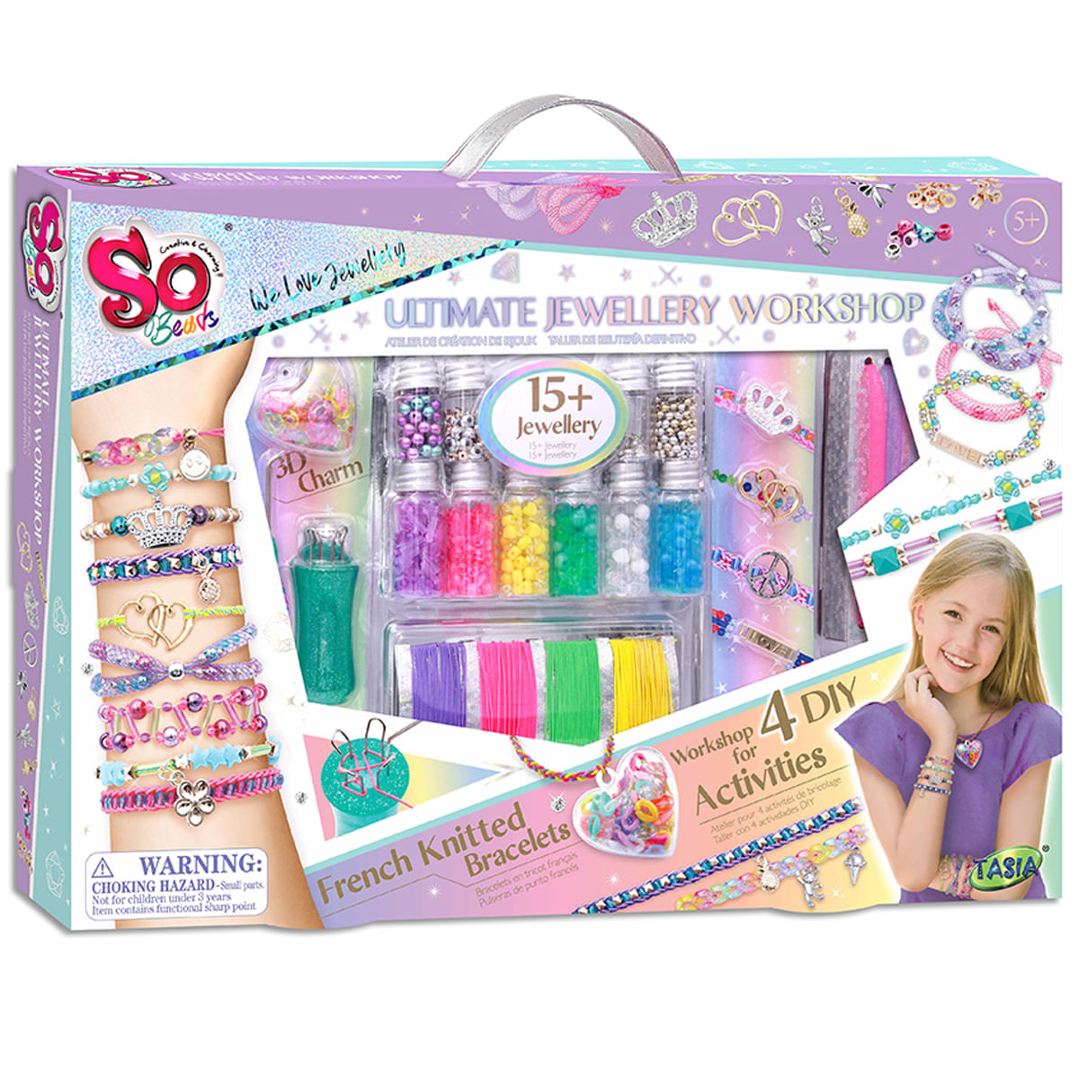 Embalaje de un kit para hacer joyas con cuentas, hilos y accesorios para pulseras.