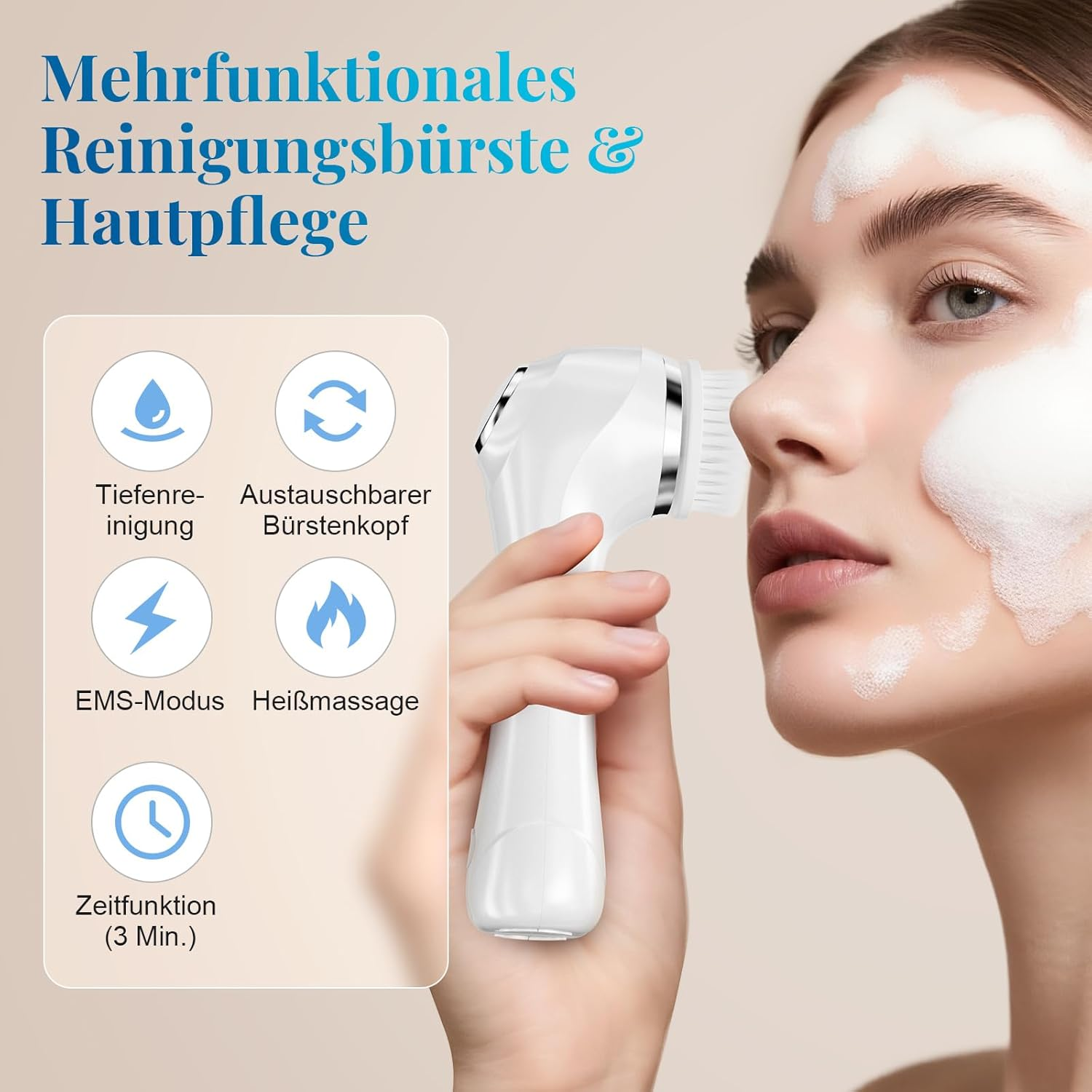 Frau mit Gesichtsreinigungsbürste und Schaum, mit Icons für Funktionen.