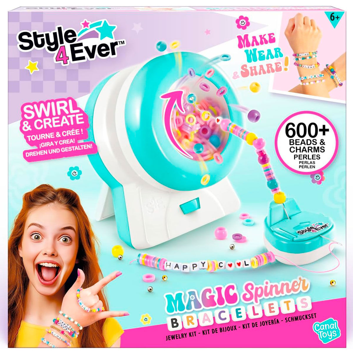 Un kit de joyería con un girador de pulseras, cuentas y una niña.