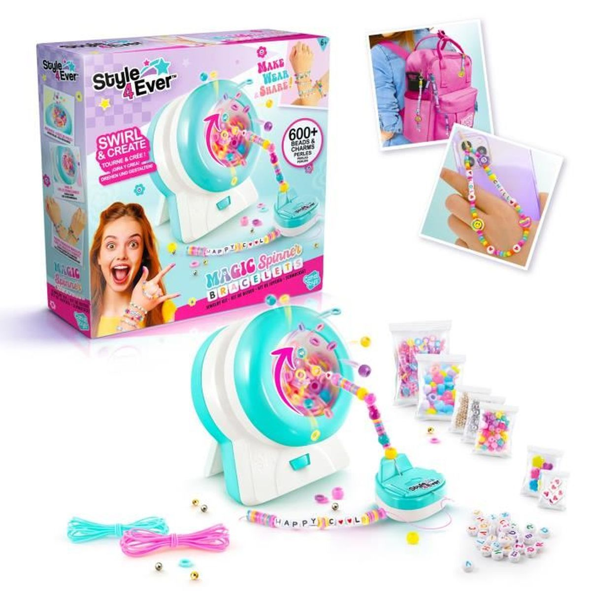Un kit para hacer pulseras con una máquina giratoria turquesa con cuentas y dijes.