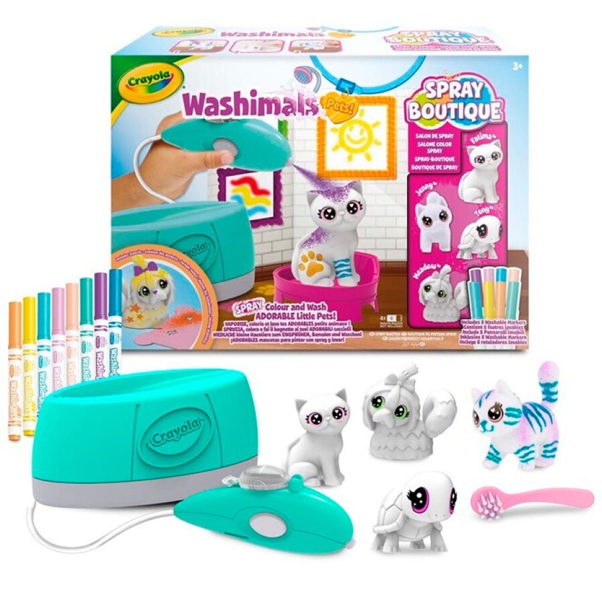 Juguete Crayola Washimals Spray Boutique con mascotas y marcadores.