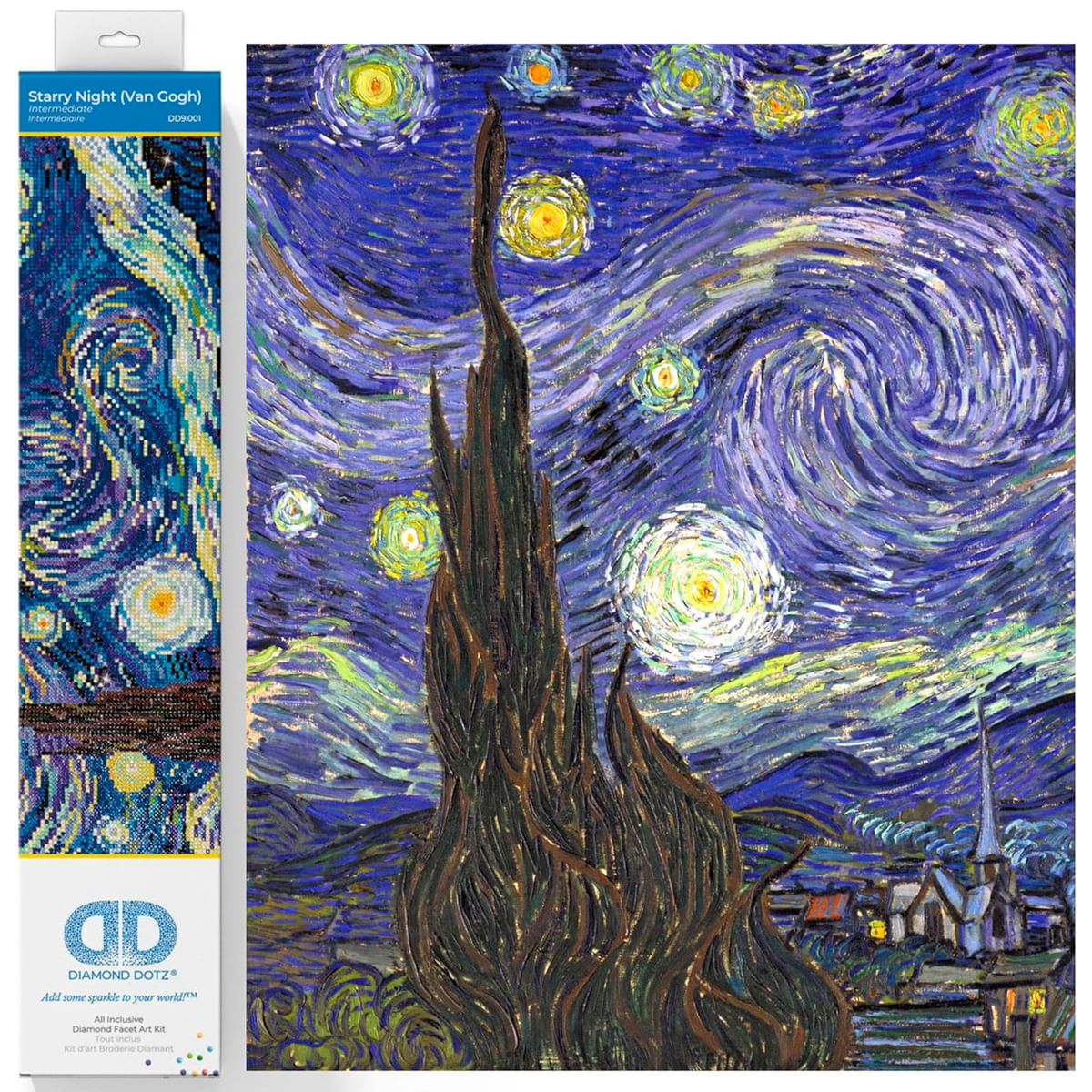Pintura de La noche estrellada de Van Gogh, con estrellas arremolinadas y un ciprés oscuro.