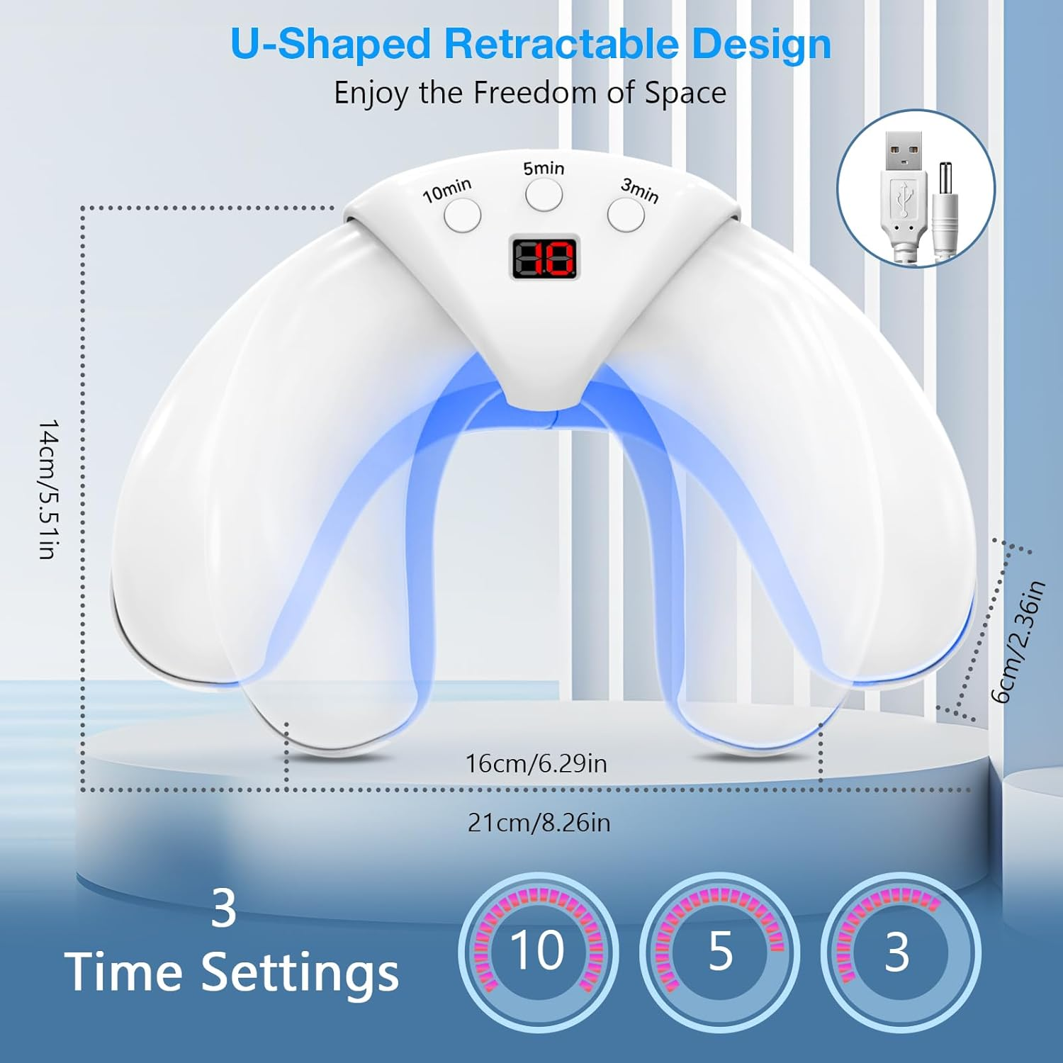 Weißes U-förmiges UV-Lichtgerät mit USB-Kabel und 3 Zeiteinstellungen.