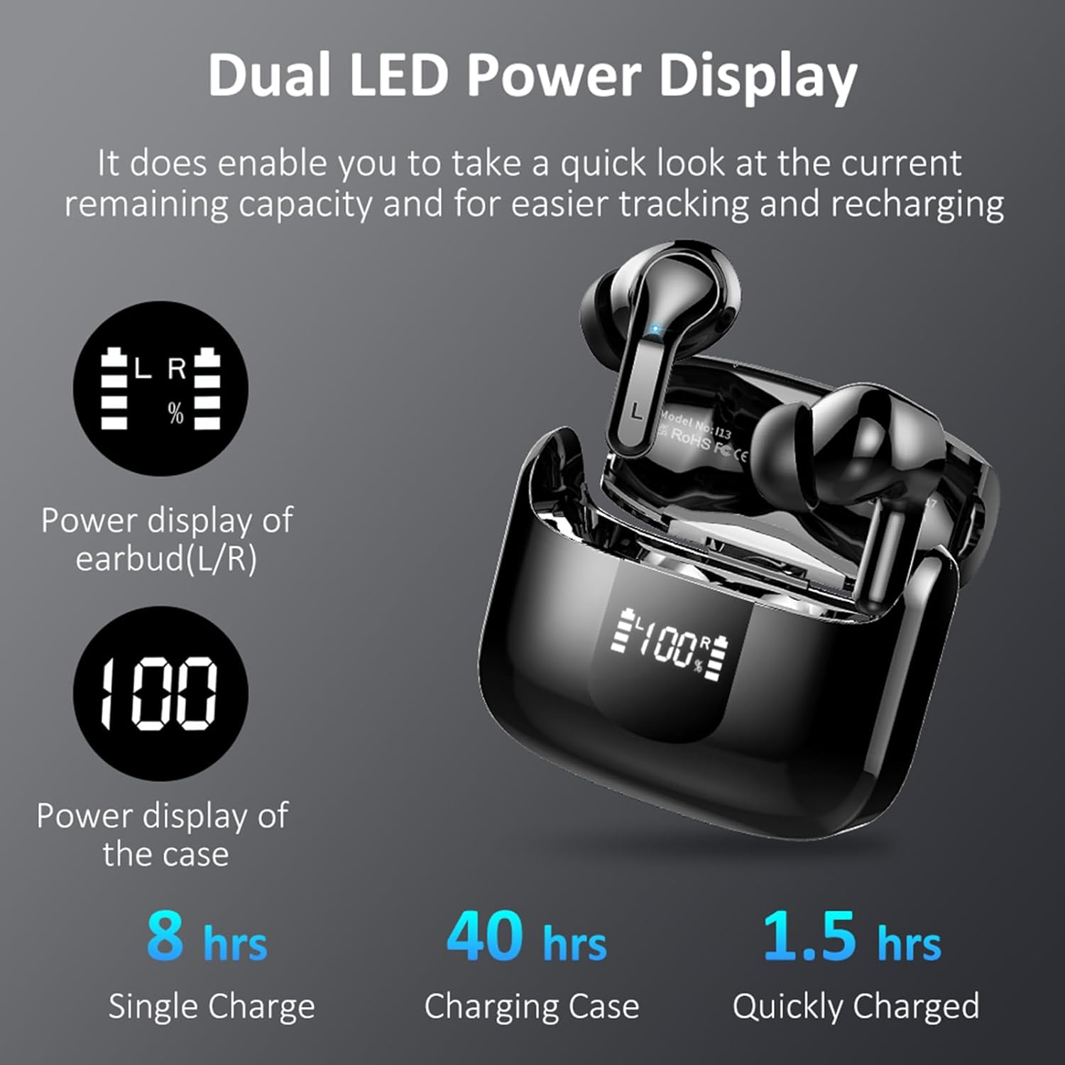 Schwarze kabellose Ohrhörer im Ladecase mit LED-Anzeigen, die den Batteriestand anzeigen.