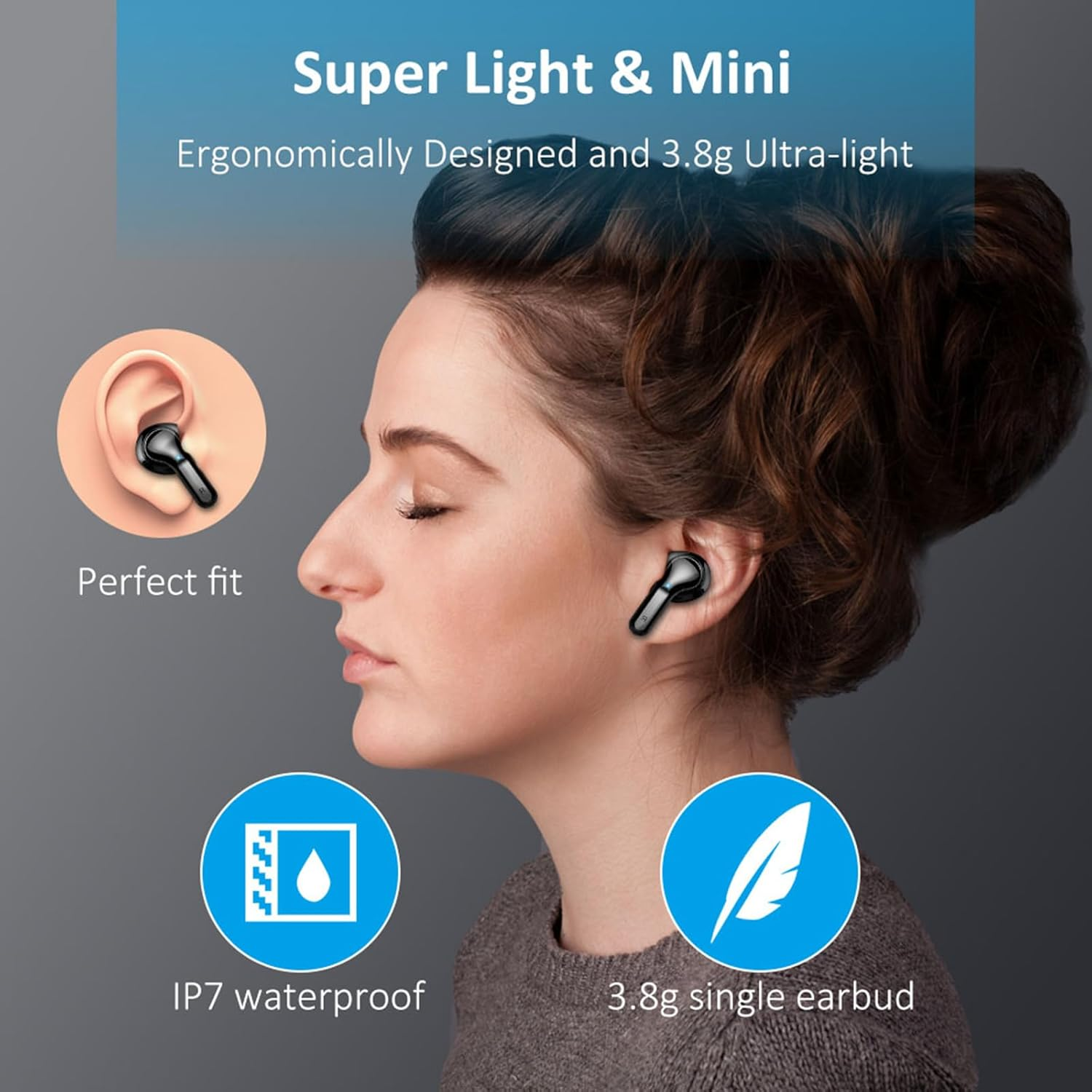 Frau trägt schwarze Ohrhörer, Icons zeigen perfekten Sitz, IP7 wasserdicht, Feder.