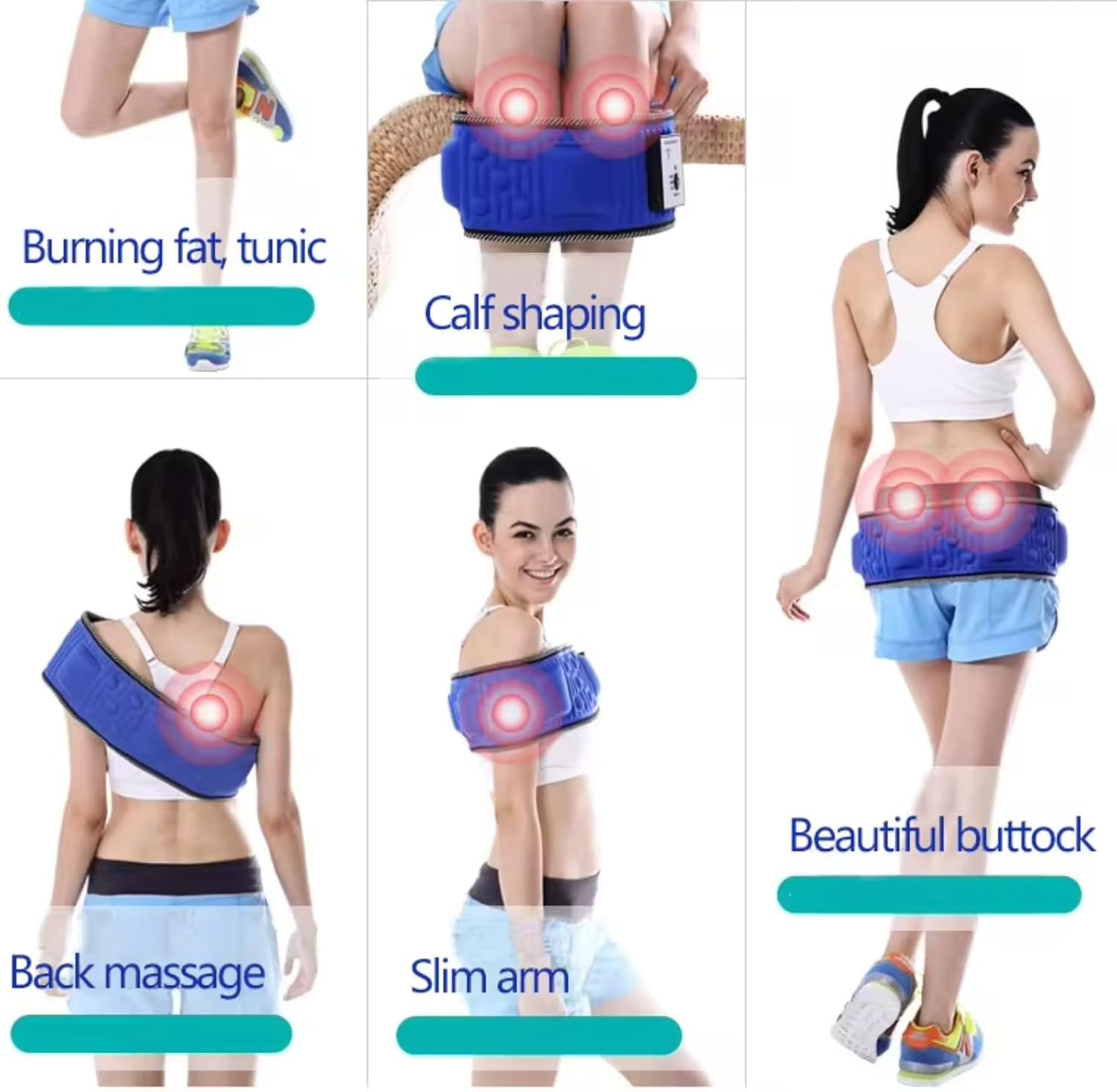 Collage zeigt Frauen, die Vibrationsgürtel für verschiedene Körperteile tragen.