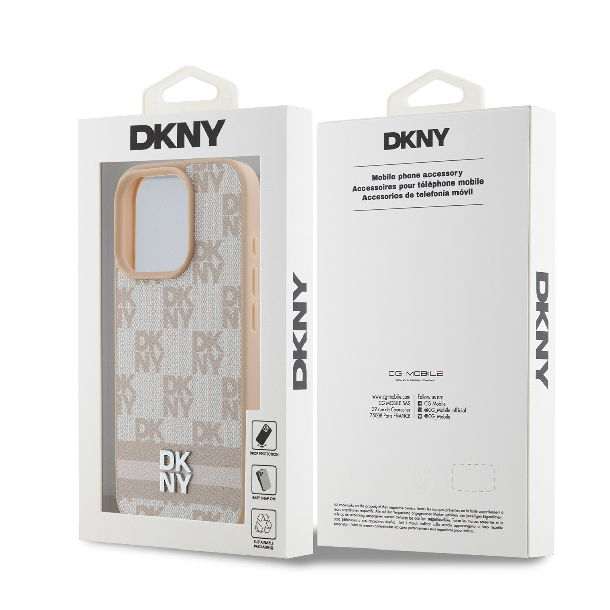 Custodia DKNY in confezione beige con motivo logo. "Protezione anti-caduta".