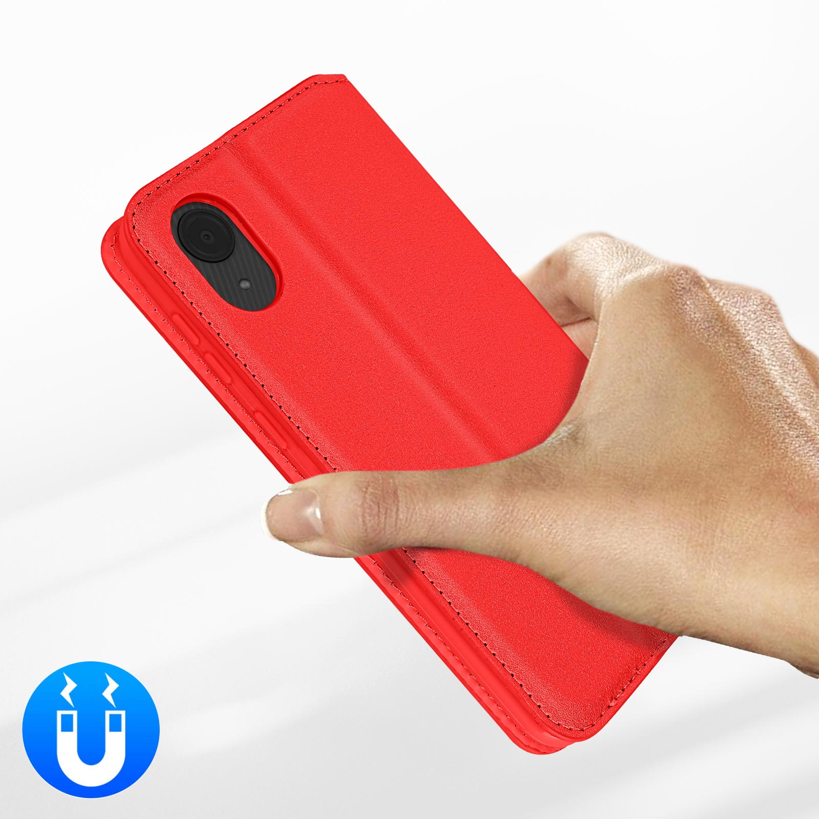 Custodia rossa per telefono tenuta in mano, con icona magnete.