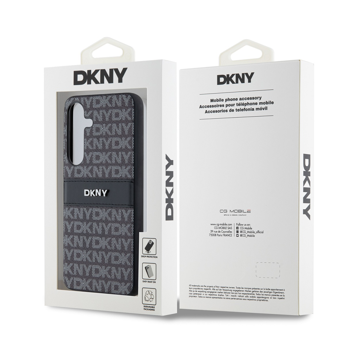 Embalaje de funda de teléfono DKNY con patrón e información.