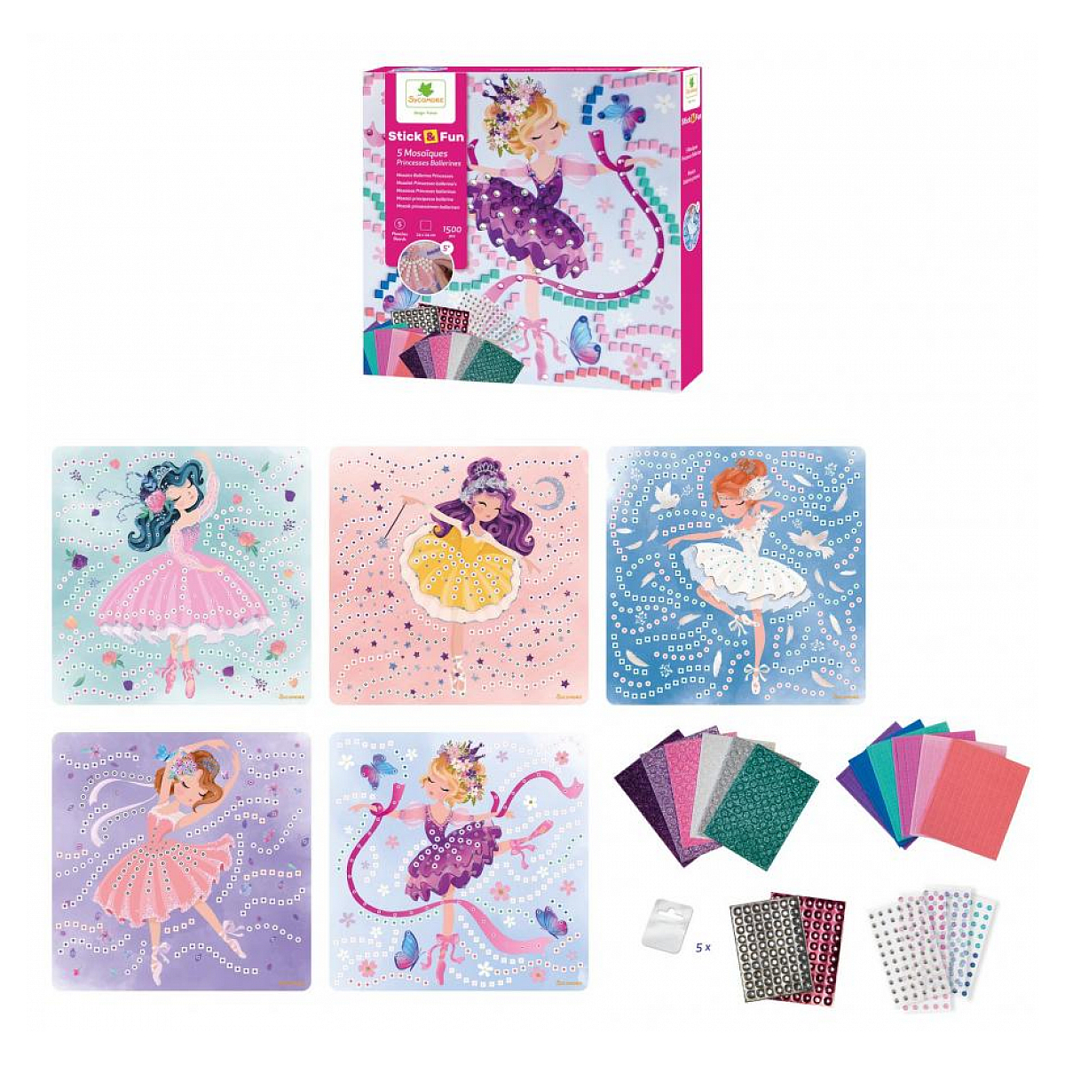 Kit de manualidades con 5 mosaicos de bailarinas, pegatinas y materiales.