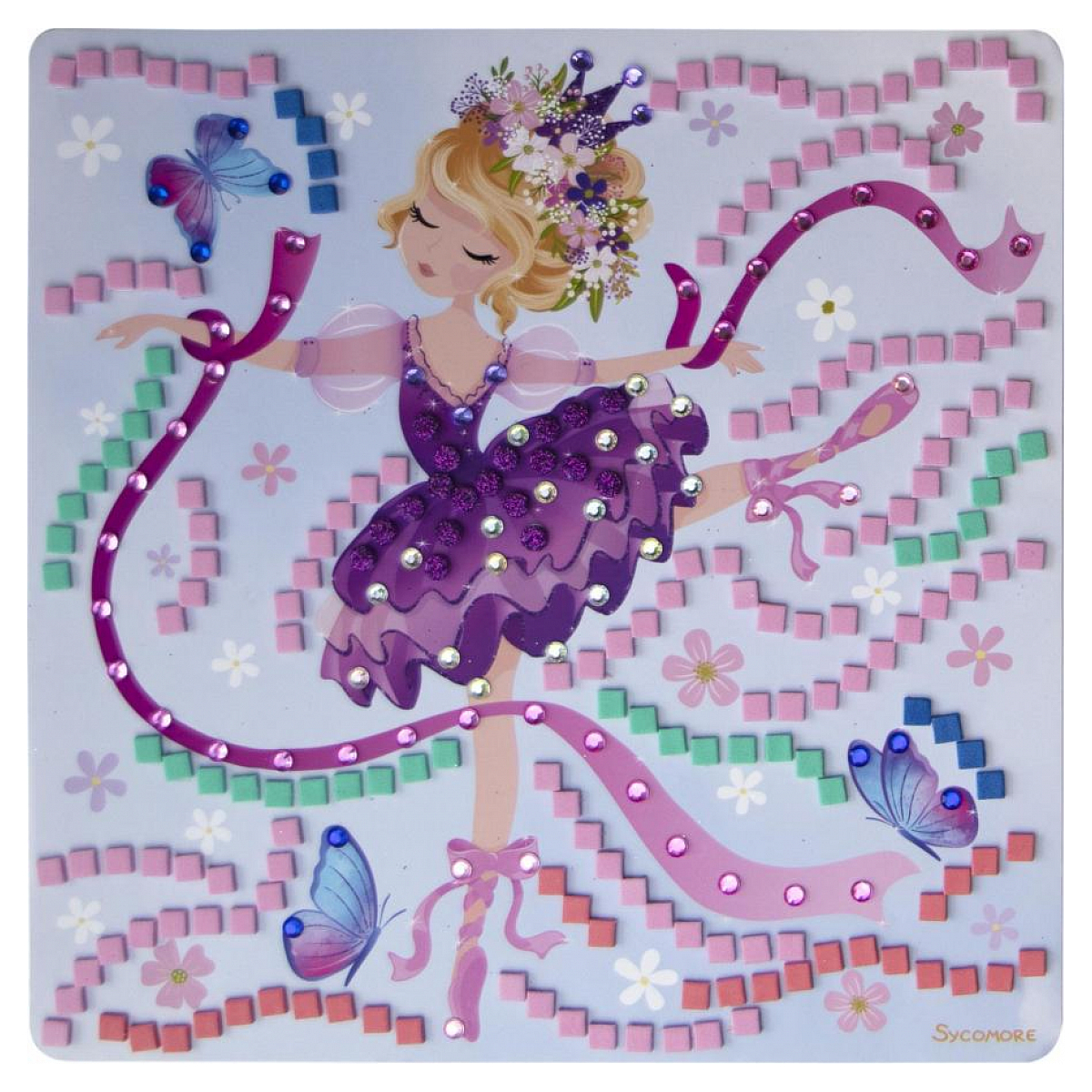 Un kit de manualidades de bailarina con gemas brillantes y cuadrados de colores. Tres mariposas vuelan.