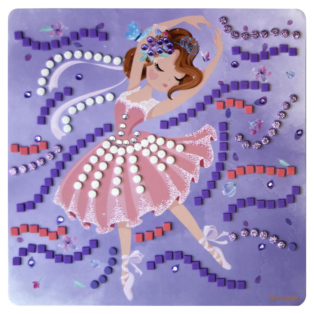 Una niña bailarina con tutú rosa adornado con joyas, rodeada de cuadrados morados y rojos.