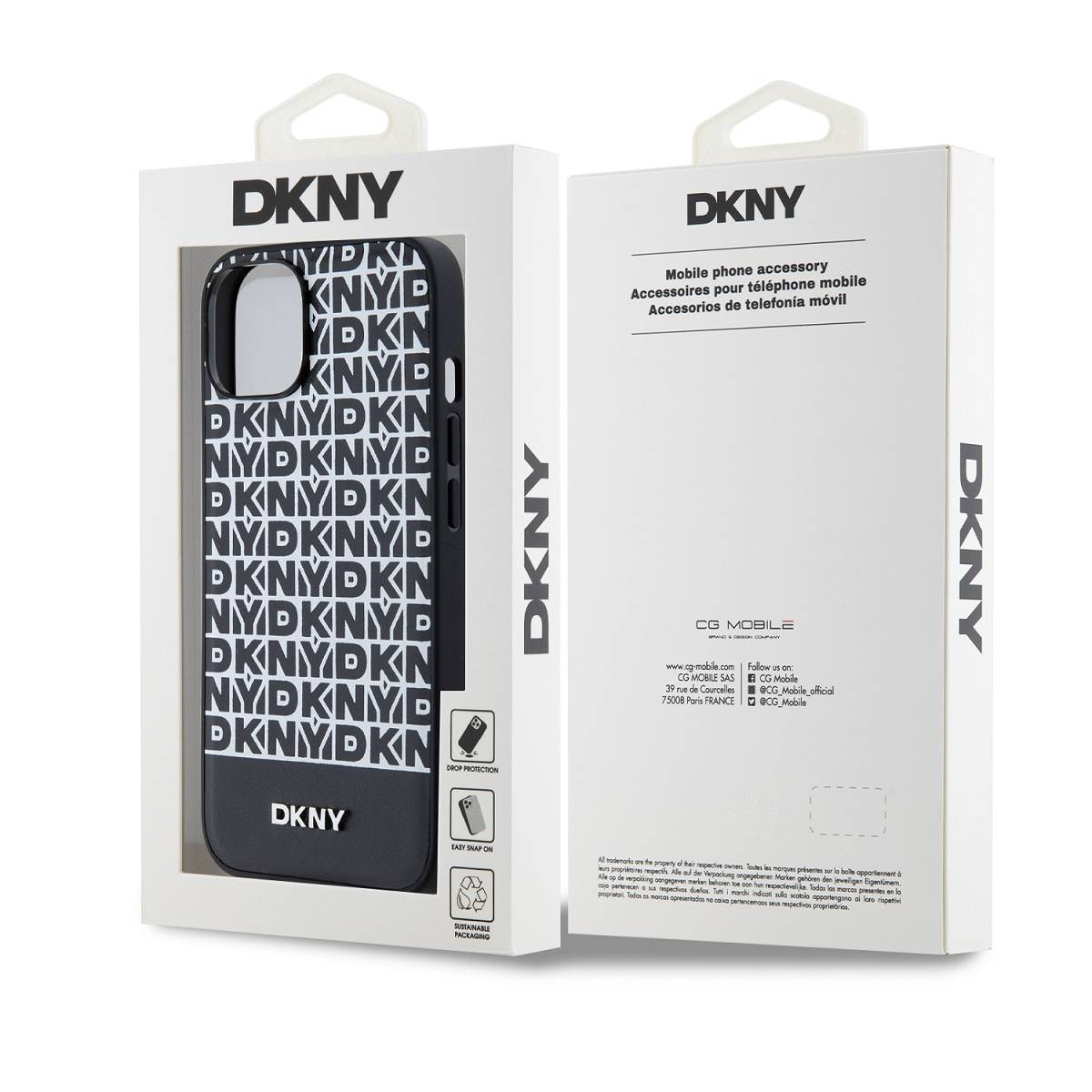 Confezione di una custodia per telefono DKNY con motivo logo DKNY ripetuto.