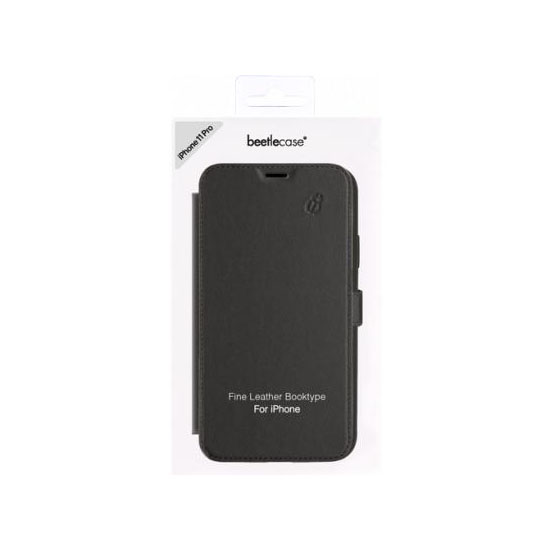 Custodia nera in pelle a libro per iPhone 11 Pro.