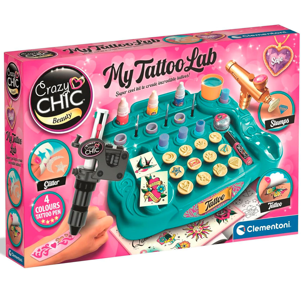 Juguete Crazy Chic Tattoo Lab con máquina de tatuajes, sellos y purpurina.