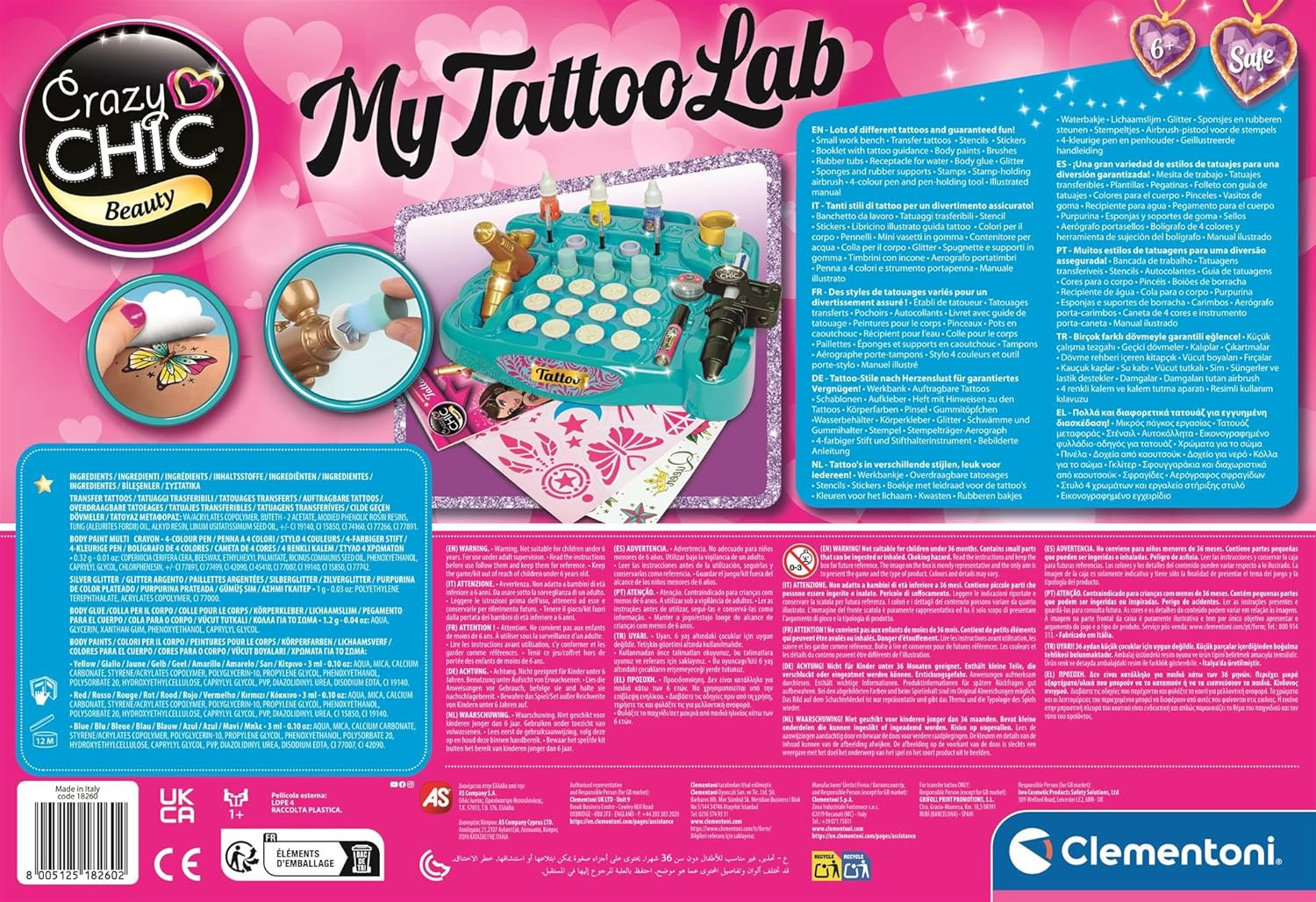 Un set de laboratorio de tatuajes con banco de trabajo, colores, sellos y tatuajes.