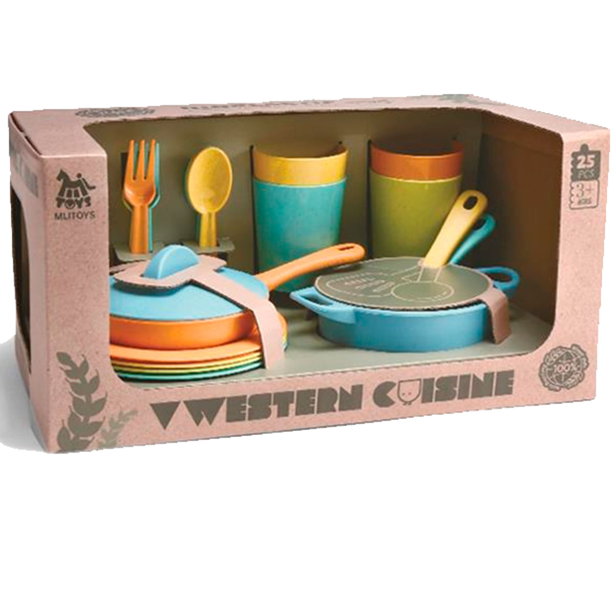 Un juego de cocina de juguete en una caja, con ollas, sartenes, platos, tazas, tenedor y cuchara coloridos.