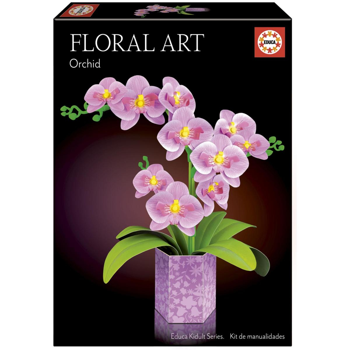 Caja de kit de manualidades de orquídeas, con flores moradas en maceta morada.