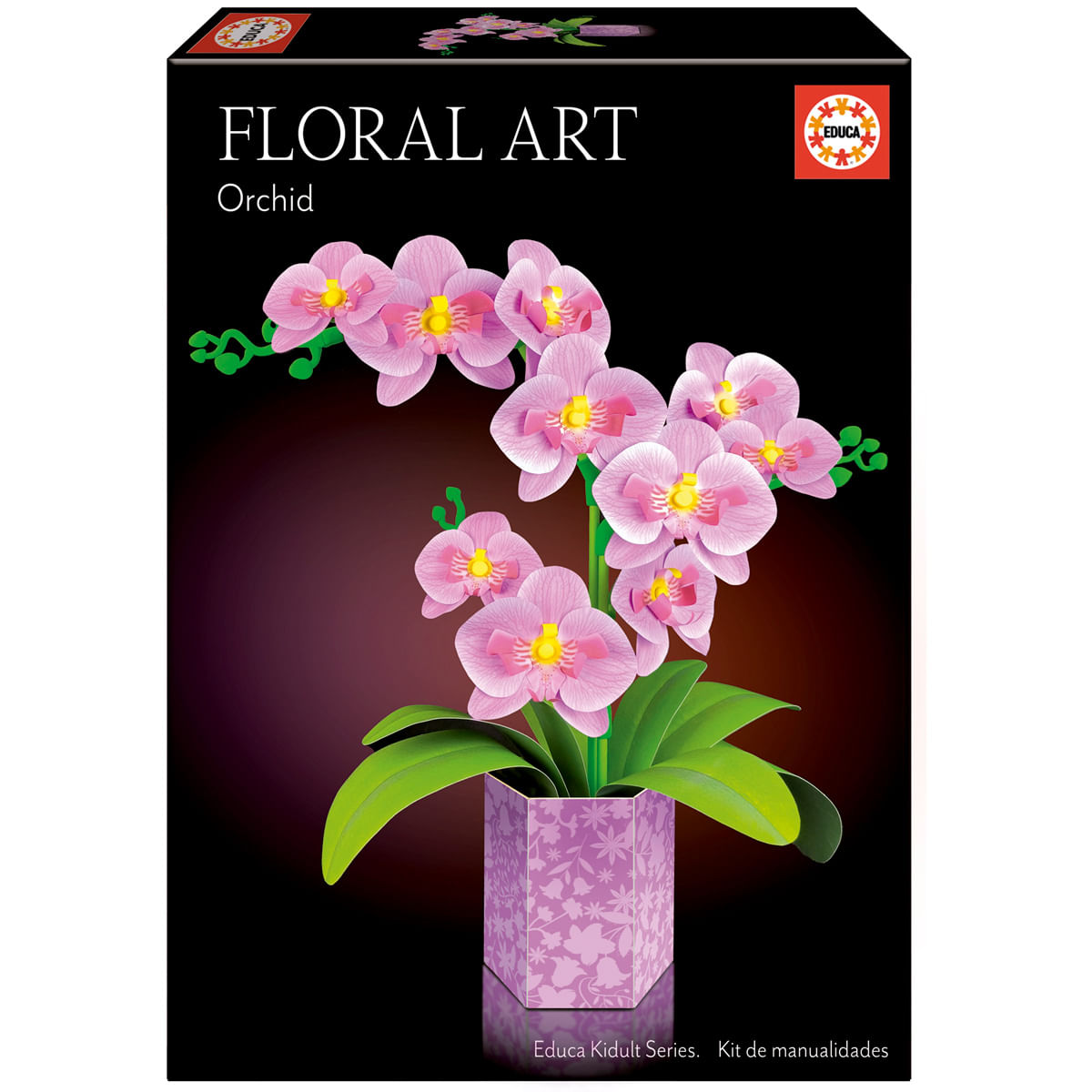 Una caja con un arte floral de orquídea rosa.