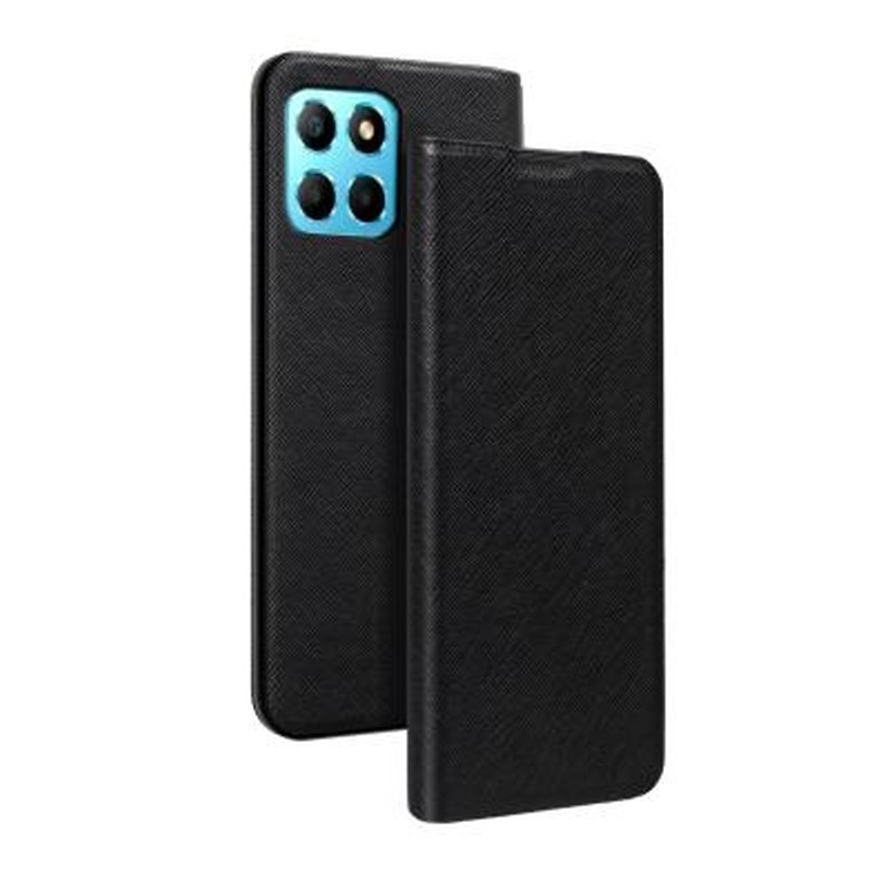 Un telefono nero con modulo fotocamera blu e custodia chiusa.