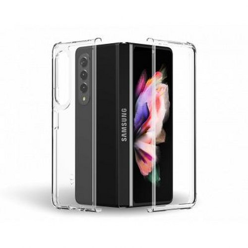 Uno smartphone aperto in una custodia trasparente, con tre fotocamere sul retro.