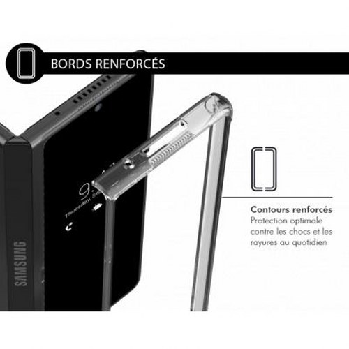 Una custodia trasparente per telefono attaccata a un telefono Samsung nero.
