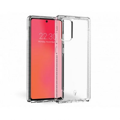 Una custodia trasparente per telefono accanto a uno smartphone con schermo rosso.