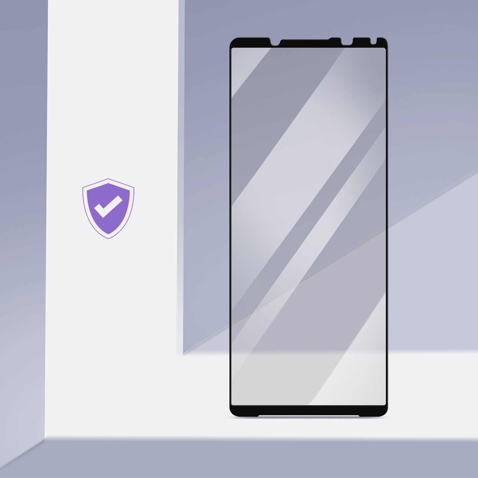 Una protezione per schermo per smartphone con un'icona a scudo accanto.