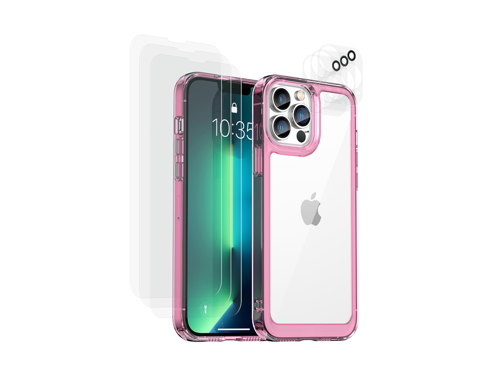 Una custodia rosa per iPhone 13 Pro e protezioni schermo.