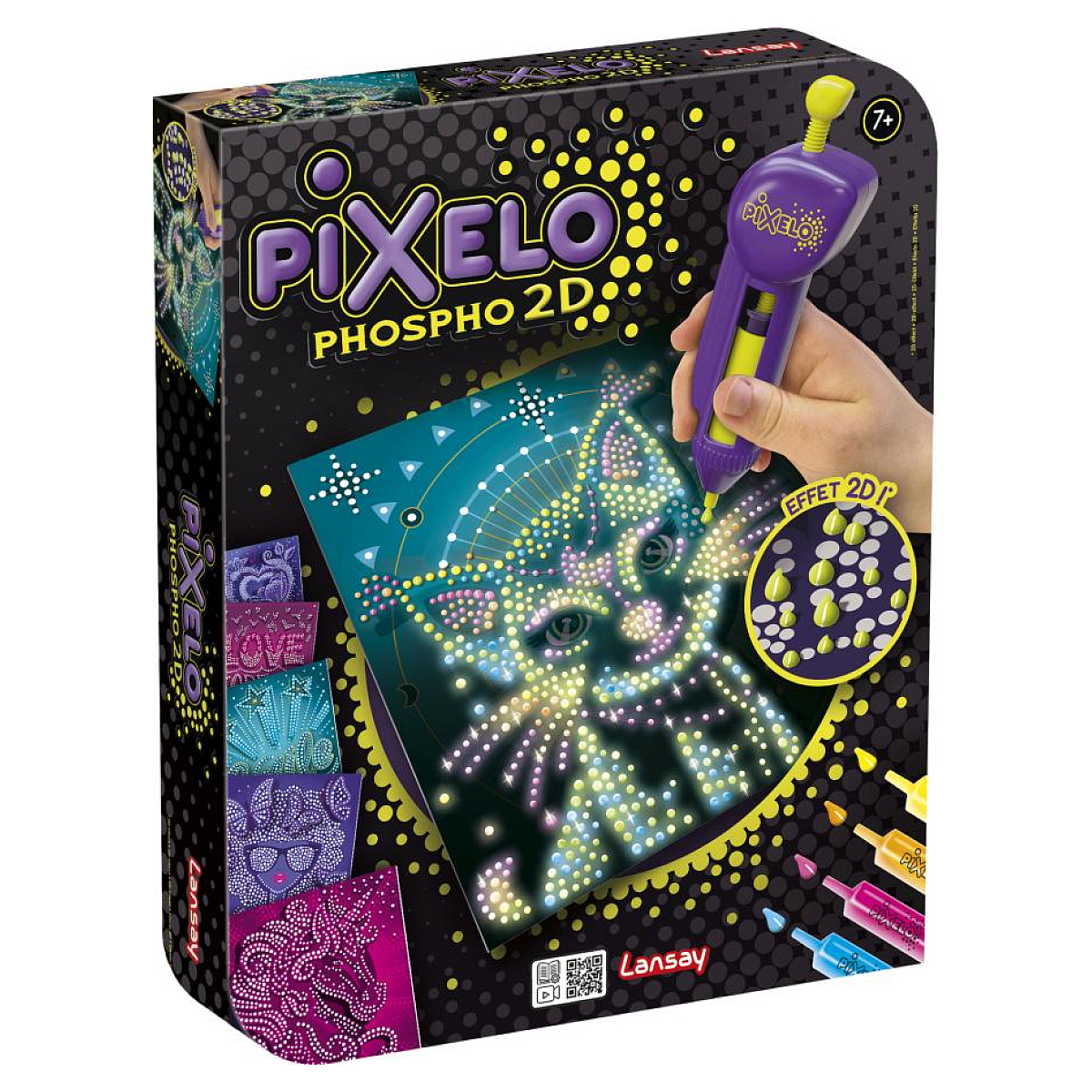 Un set Pixelo Phospho 2D con un lápiz sobre un dibujo de gato.