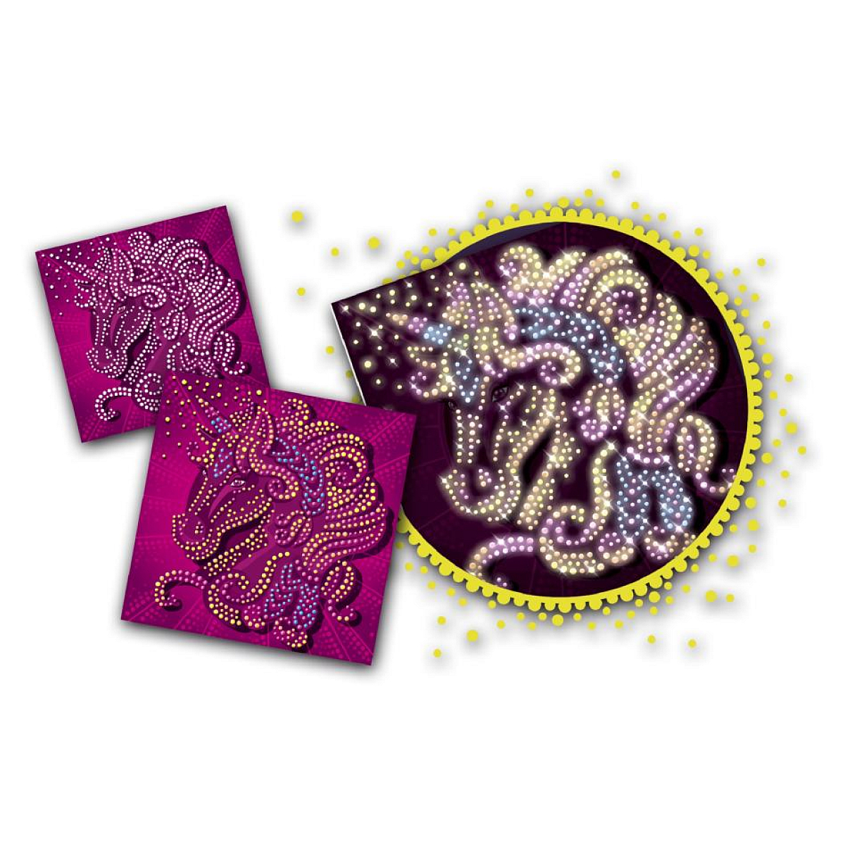 Cuatro imágenes de unicornio sobre fondo morado con gemas brillantes.