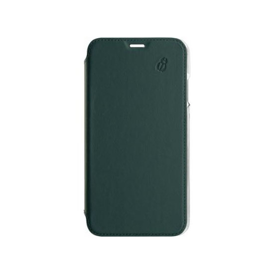 Custodia per telefono verde scuro con un piccolo logo in alto a destra.
