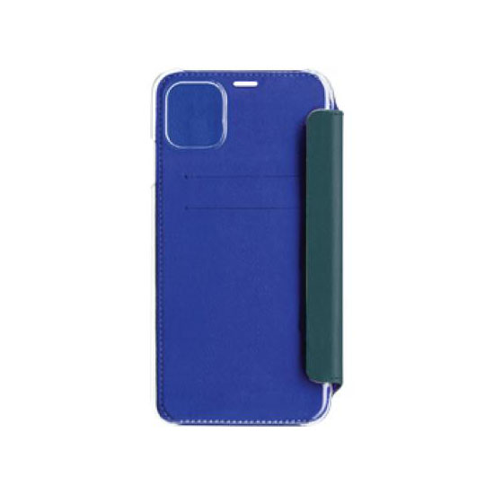 Una custodia per telefono blu con slot per carte e cinturino scuro.