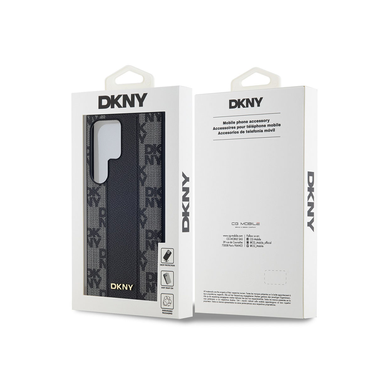 Confezione cover per cellulare DKNY con motivo monogramma e info prodotto.