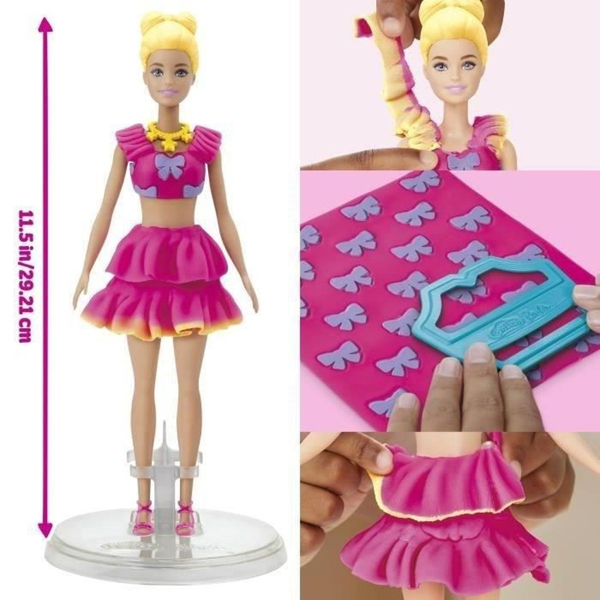 Muñeca Barbie con traje rosa y herramientas para hacer ropa.