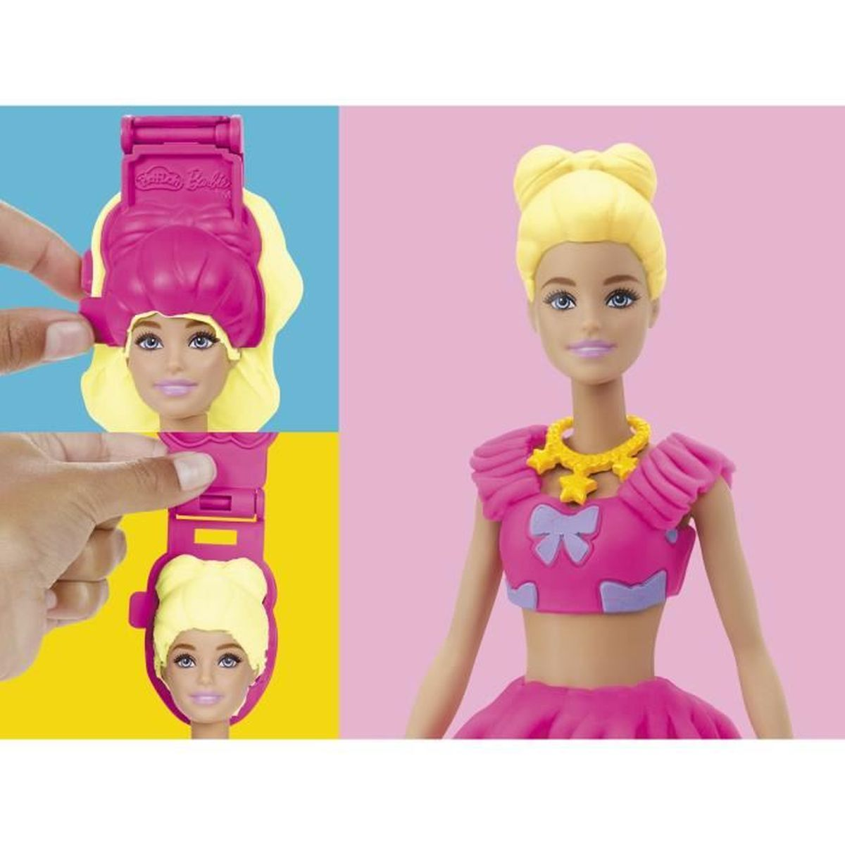 Una muñeca Barbie con cabello rubio y un traje rosa y morado.