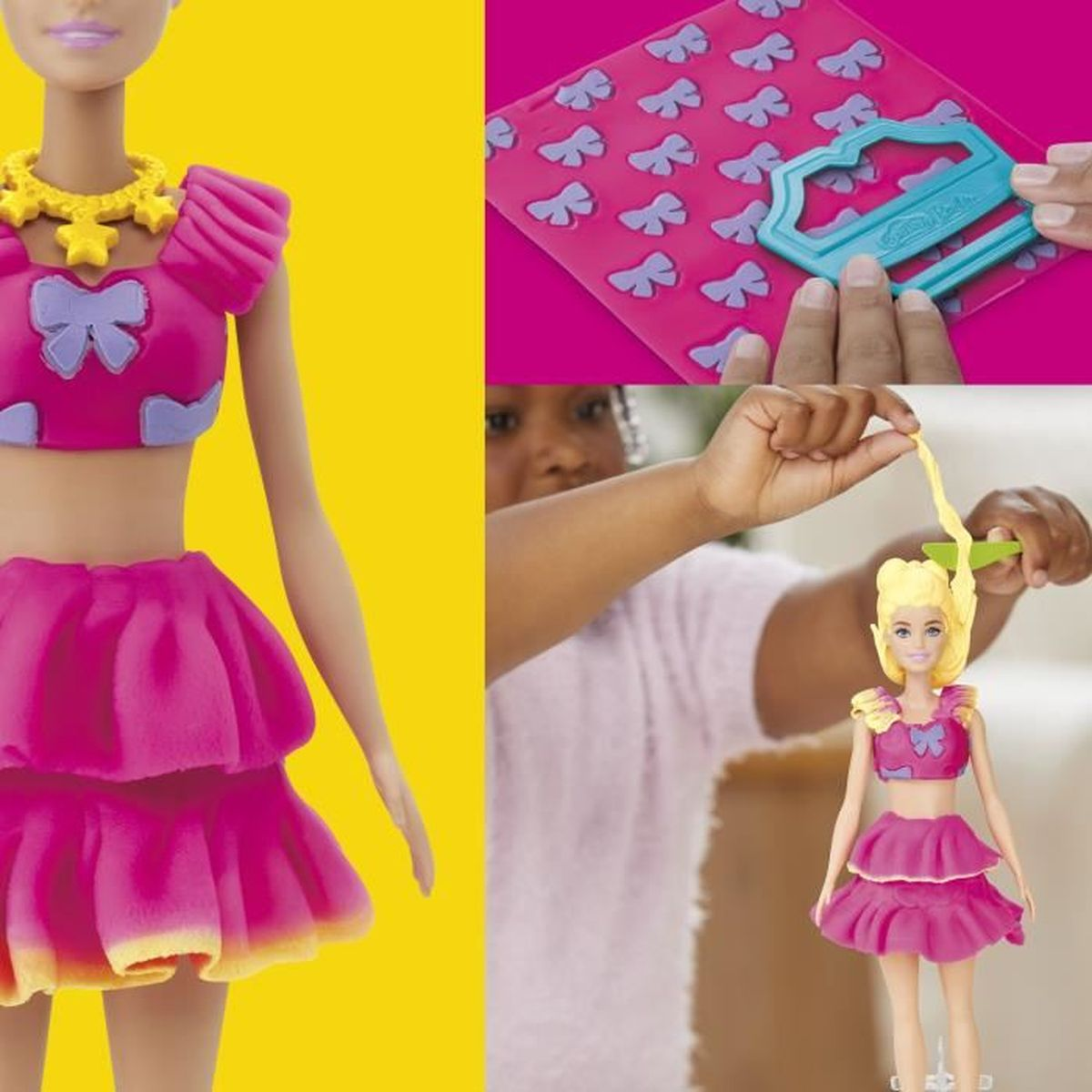 Muñeca Barbie con traje rosa; niña peina cabello; accesorio Barbie en tapete rosa.