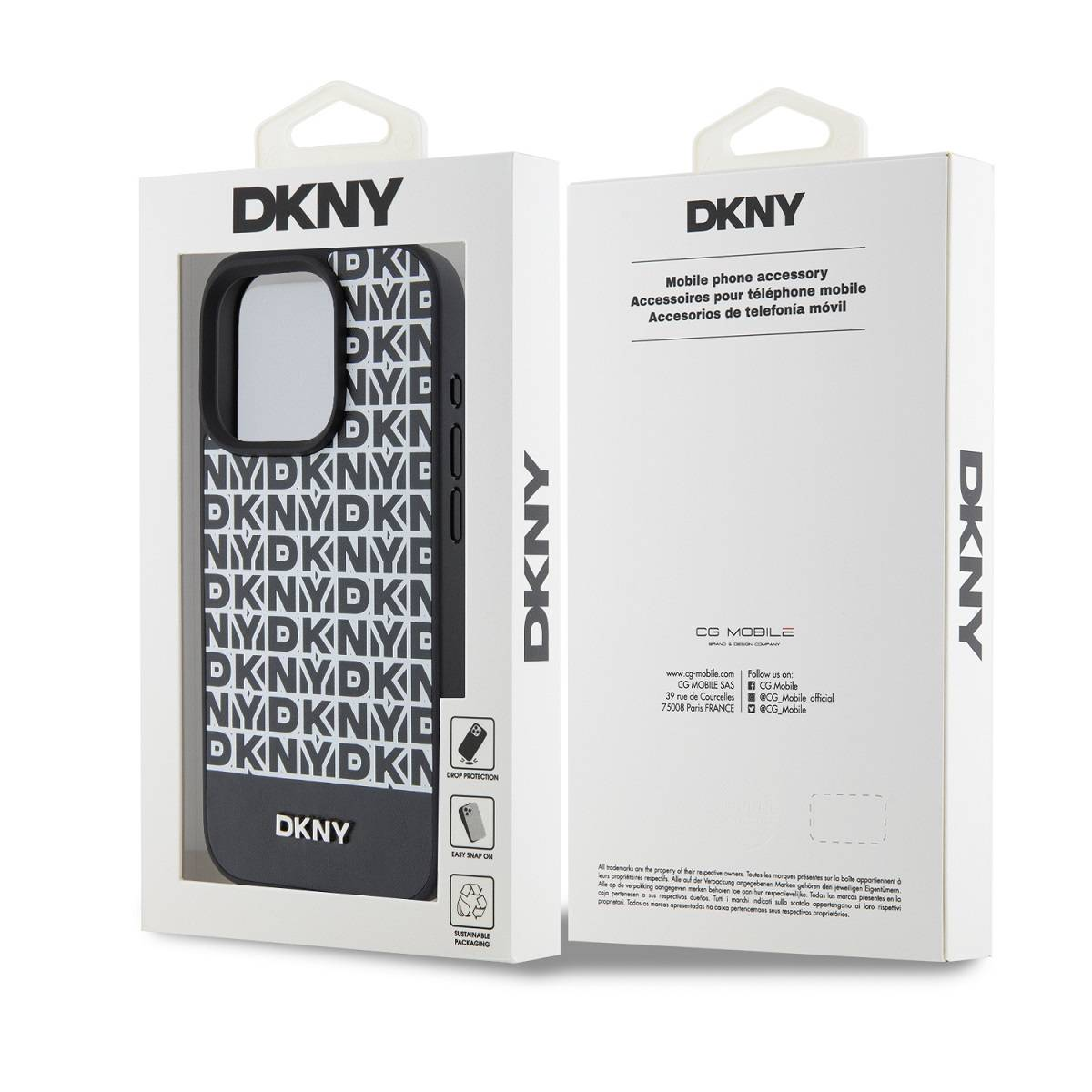Custodia DKNY in confezione con logo DKNY ripetuto e informazioni sul prodotto.