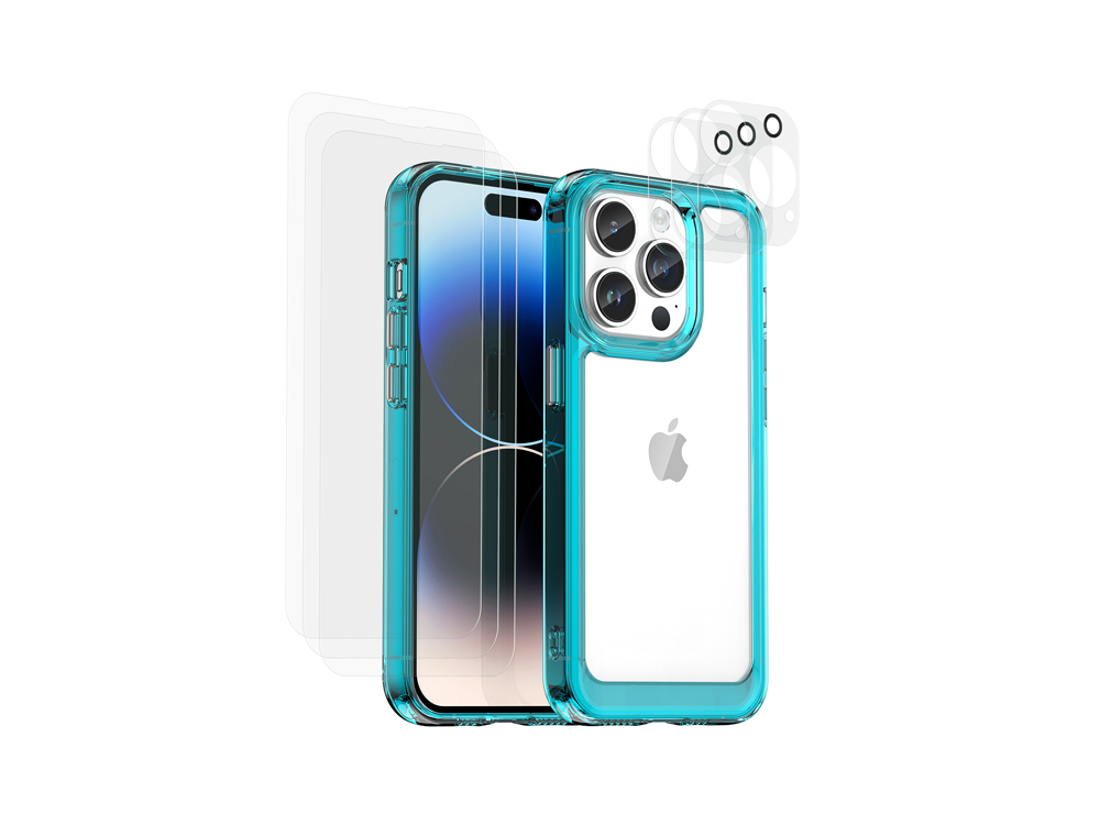 Custodia trasparente con bordo turchese per un iPhone con tre fotocamere.