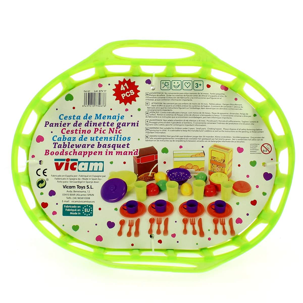 Juego de vajilla de juguete verde con platos, tazas, cubiertos y bol.