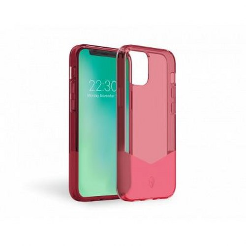 Un iPhone rosso con una custodia rossa trasparente accanto su sfondo bianco.