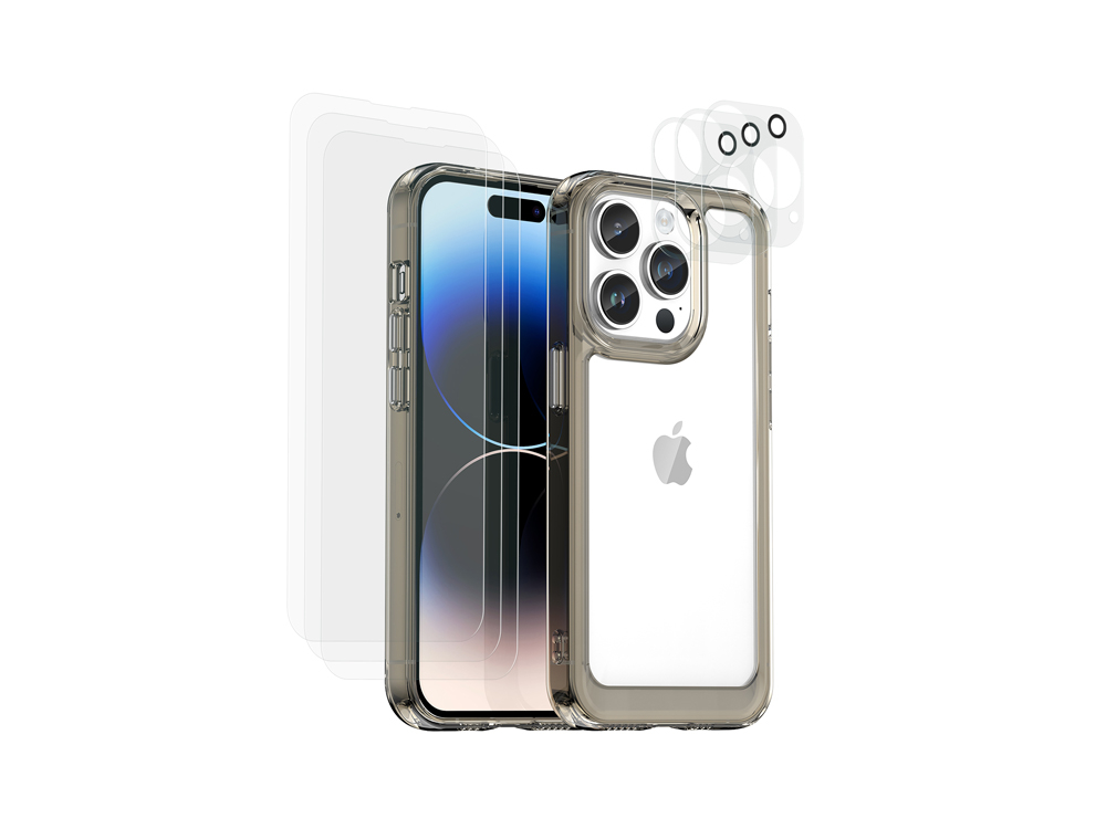 Una custodia trasparente e un proteggischermo per iPhone.