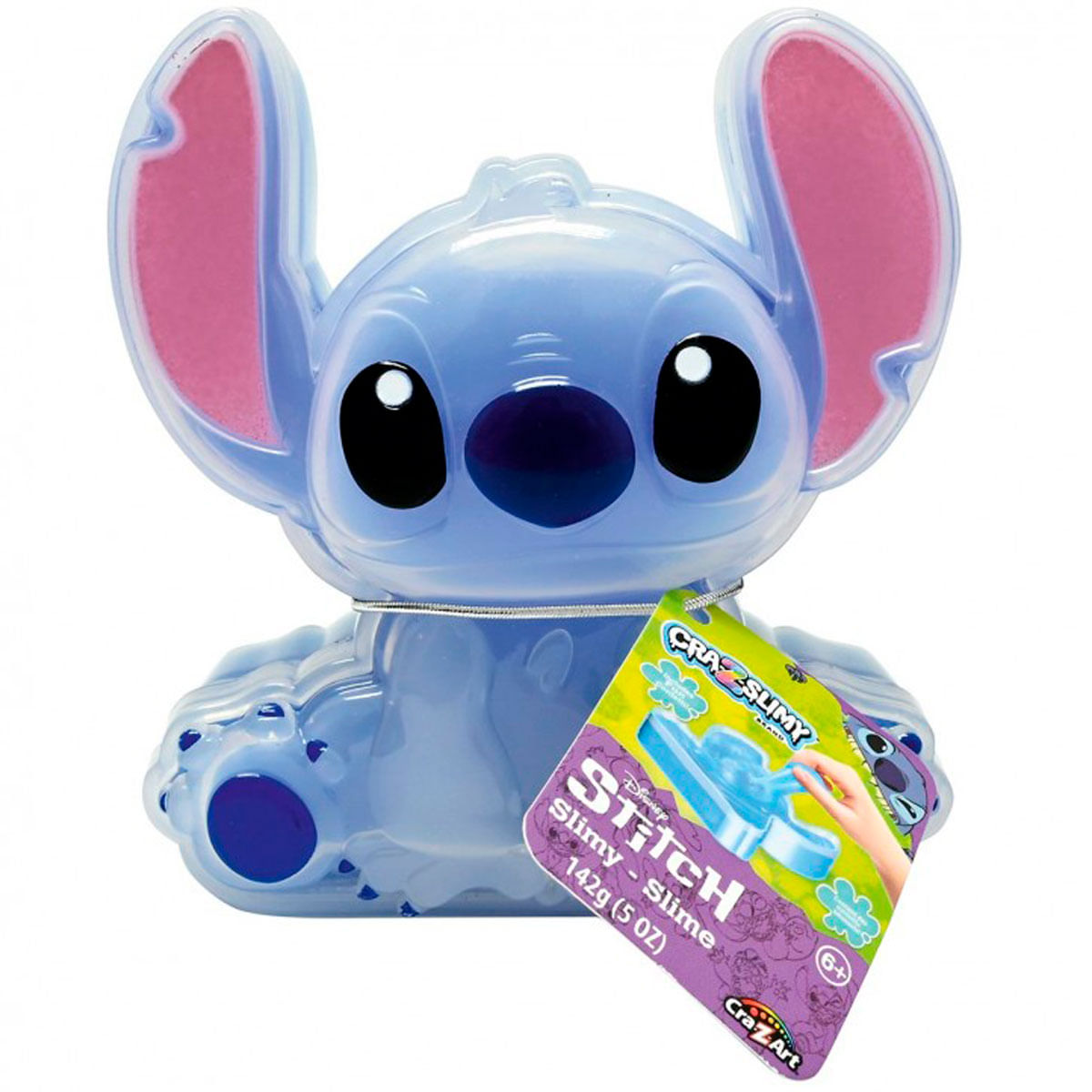 Contenedor azul de Stitch con embalaje de slime que muestra juguetes.