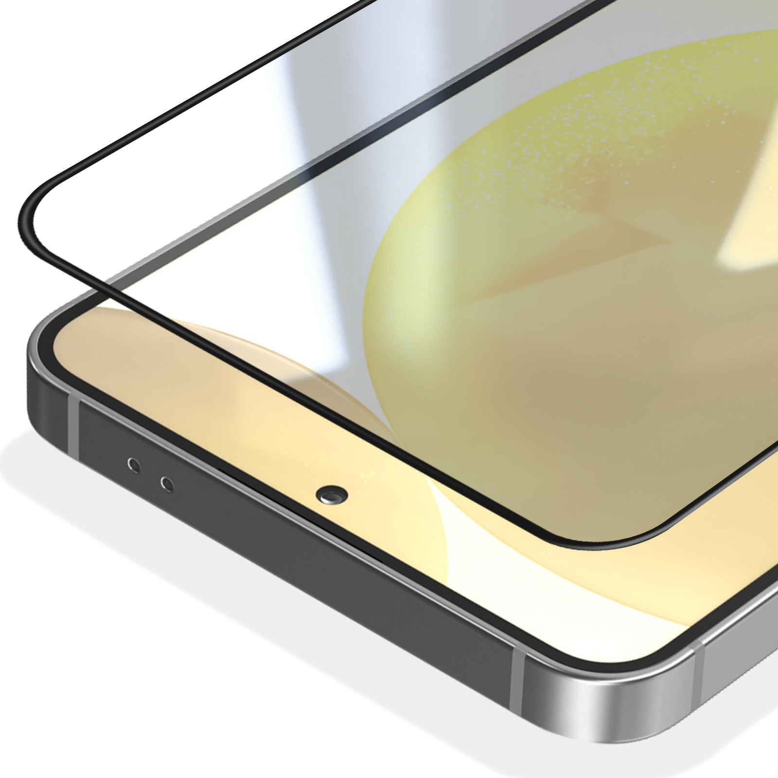 Uno smartphone con proteggi schermo. Cornice grigia, sfondo giallo.