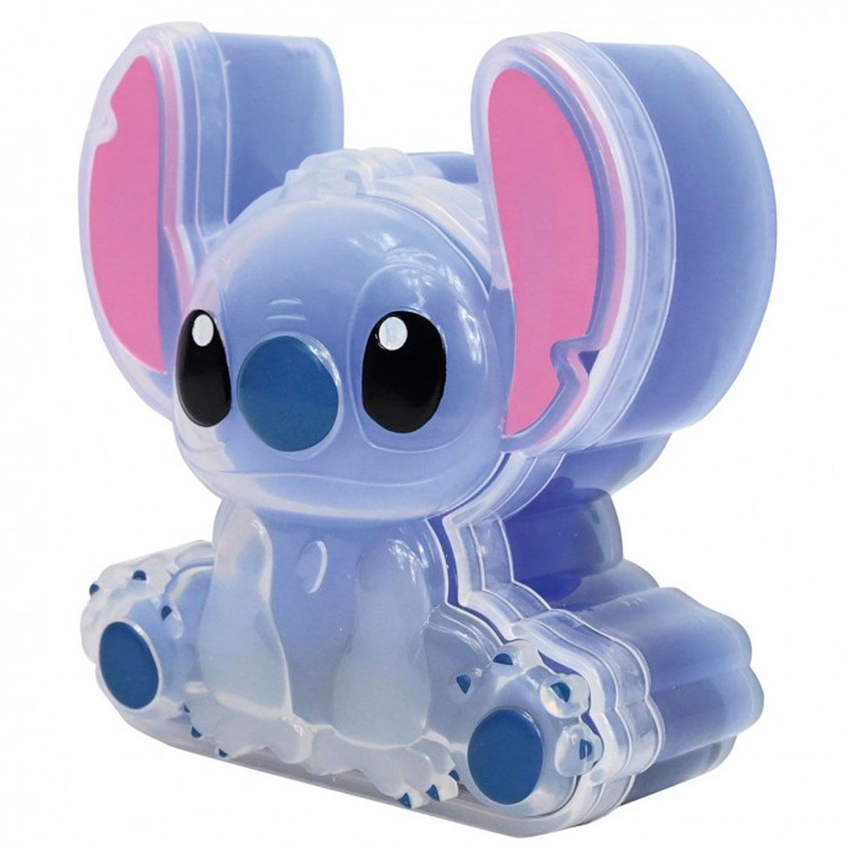 Una figura translúcida azul de Stitch se sienta con orejas grandes y ojos oscuros.