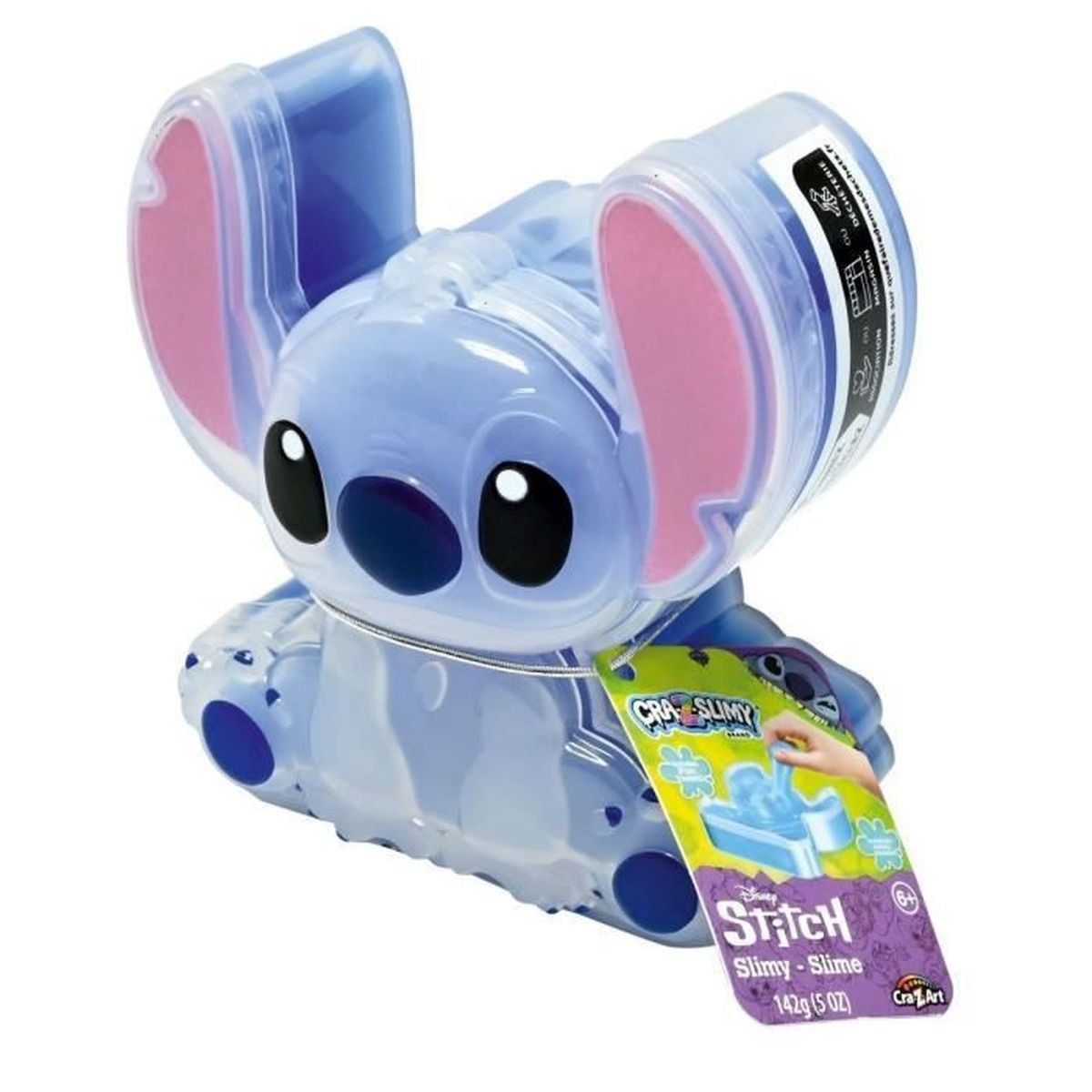 Baba azul de Stitch en envase transparente con juguete y etiquetas.