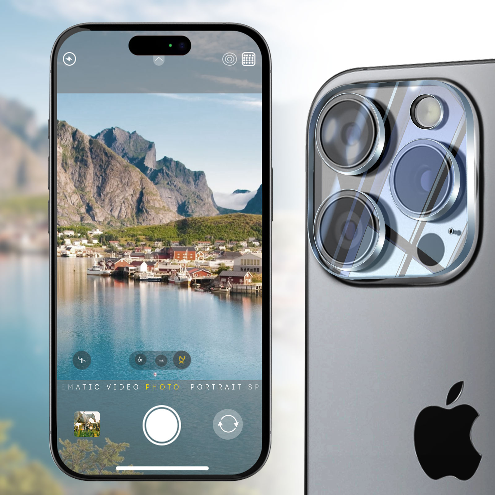 Un smartphone muestra vista de cámara de pueblo noruego junto al agua con montañas.