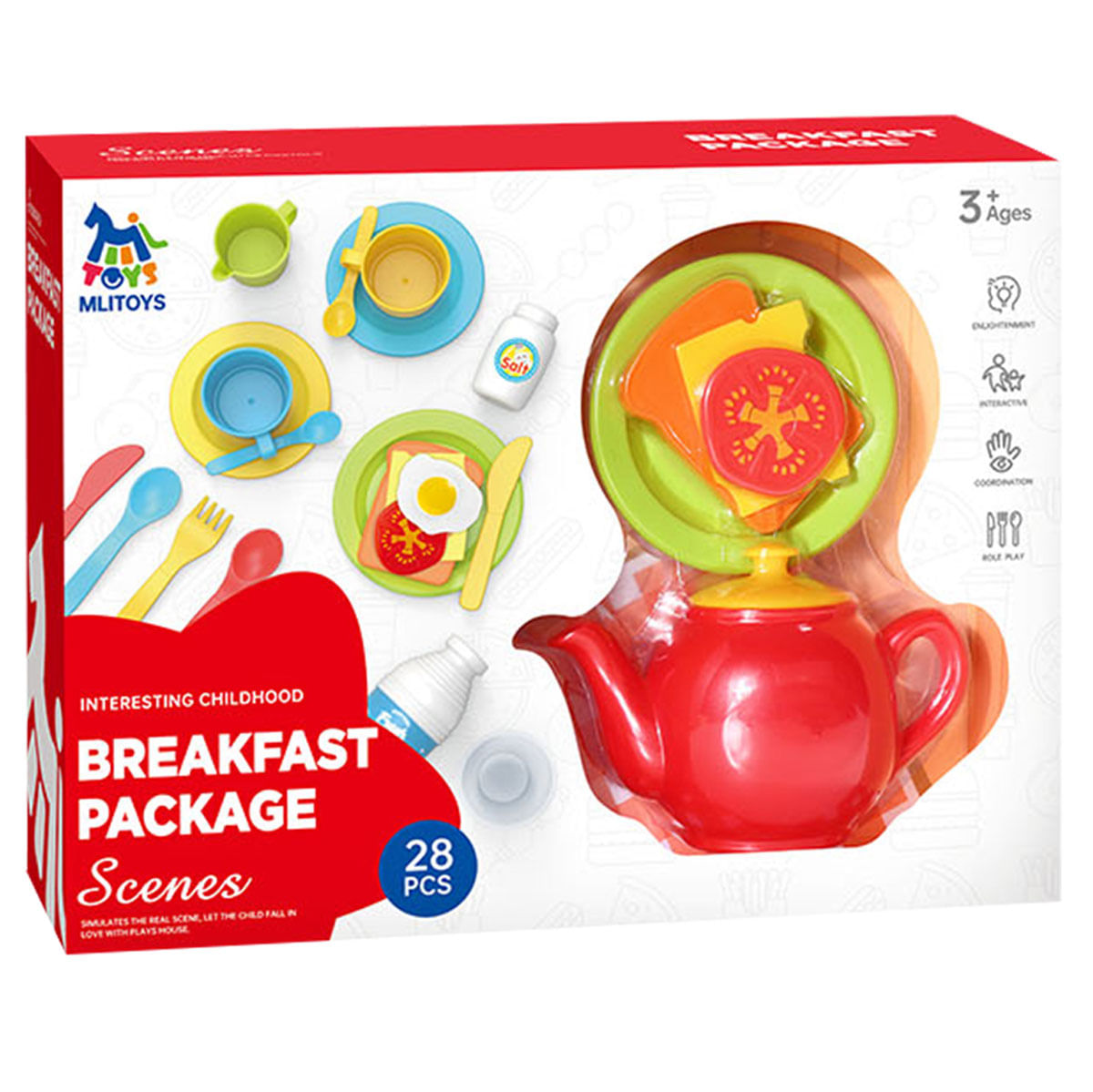 Un juego de desayuno de juguete con tetera roja, platos con comida, tazas y cubiertos.